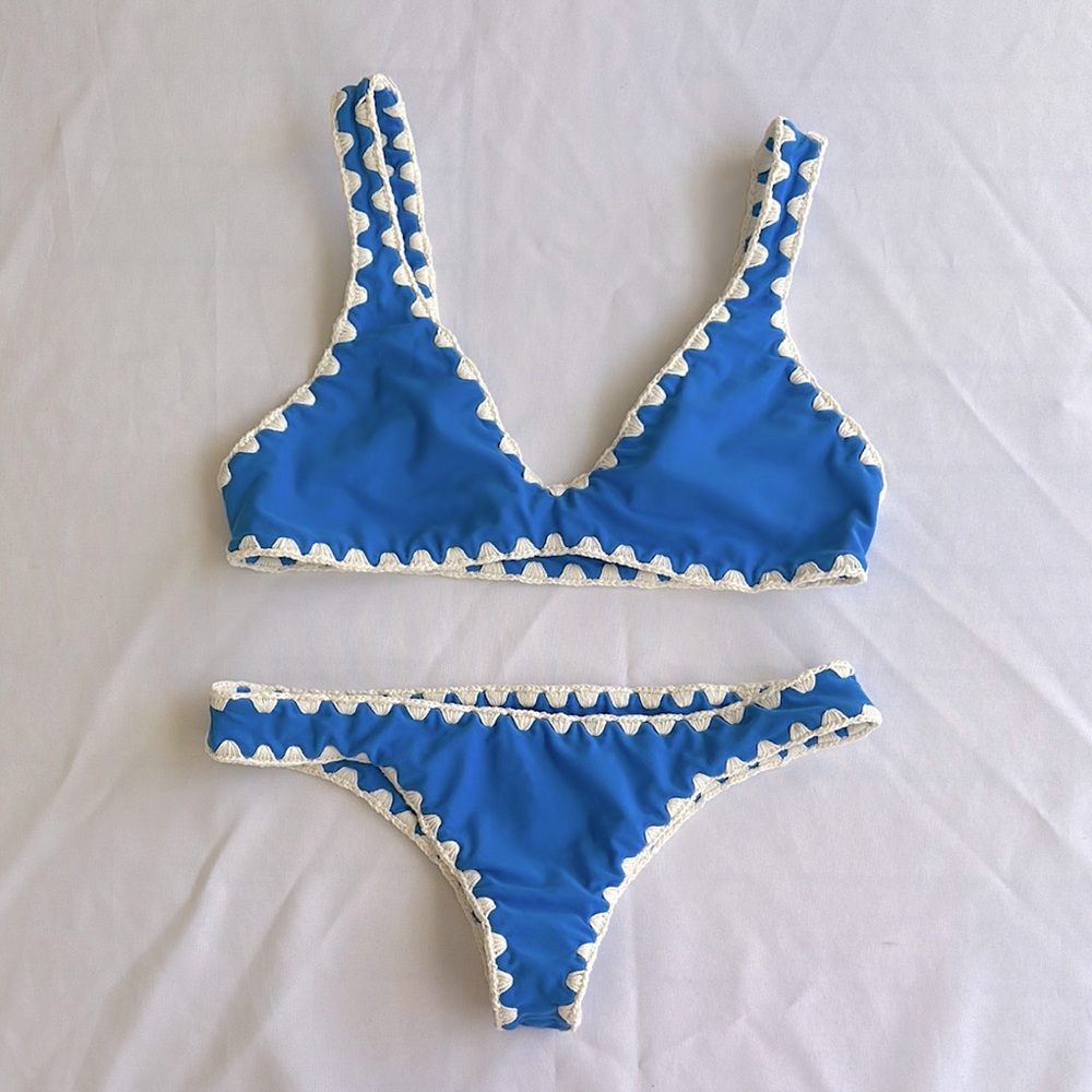 Posh Pua Blue Bikini with White Crochet Accents - size Med
